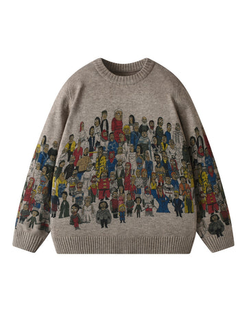 Men'S Cartoon Print Crew Neck Sweater, Casual Street Style Knit Pullover,