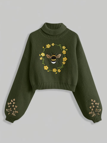 Women's Embroidered Bee and Floral Lantern Sleeve Sweater.