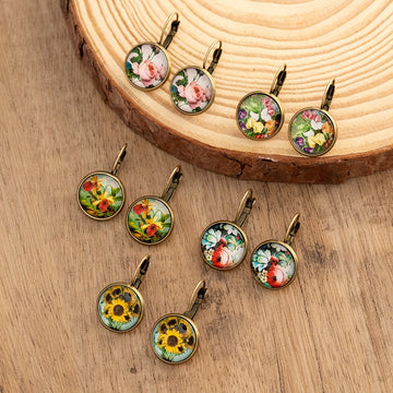 Rose Sunflower Print Retro Round Earrings Copper Jewelry Female Trendy Gift Daily Wear Accessories