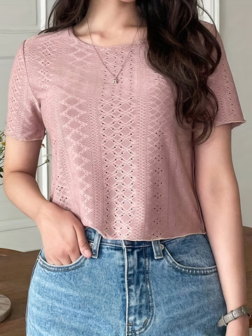 Eyelet Embroidery T-Shirt, Short Sleeve Crew Neck Summer Casual Top, Women's Clothing