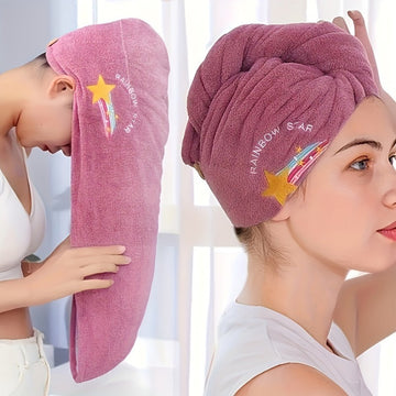1/2/3pcs Rainbow Embroidered Hair Towel With Button, Soft Hair Drying Cap, Cute Solid Color Hair Towel For Bathroom, Absorbent Quick Drying Hair Wrap Towel For Women, Bathroom Supplies