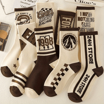 1/5/8 Pairs Women's Versatile Retro Letter Pattern Medium Tube Sport Socks,/MH