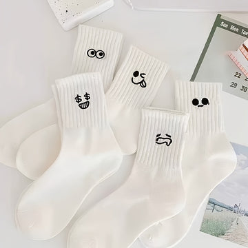 5 Pairs Cute Expression Pattern Socks, Women's Stockings & Hosiery./MH