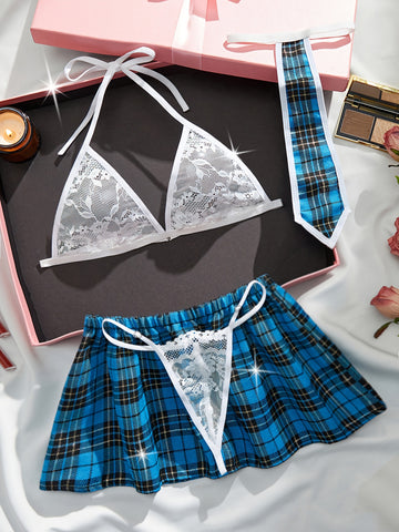 Preppy Plaid Print Uniform Set, Floral Lace Triangle Halter Bra & Thong & Skirt & Tie,/MH