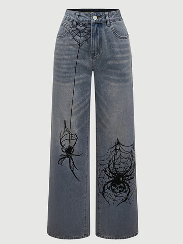 AW25 Women'S Streetwear Spider Print Wide-Leg Jeans - ./MH