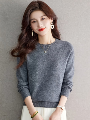 1pc Women'S 100% Wool Crew Neck Long Sleeve Knit Sweater,