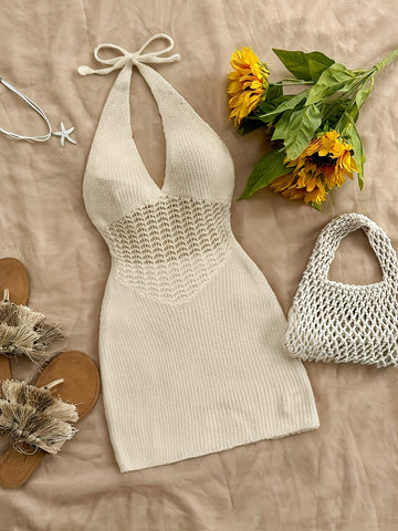 Stylish Vacay Knit Cover Up Dress - Rash Guard Shirts for Women with Halter Tie Neck and Backless Design, Swimwear and Beachwear Clothing for Summer Vacation