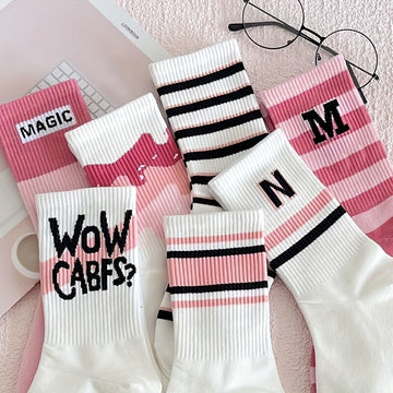 7 Pairs Letter Striped Socks,, Women's Stockings & Hosiery./MH
