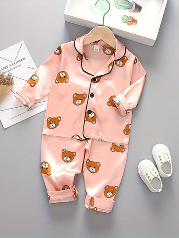 2pcs Boys Bear Print Button Up Long Sleeve Top & Elastic Waist Long Pants Set, Comfy Boys Clothes