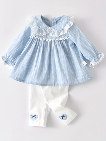 Adorable Baby Girl Spring/Fall Outfit - Long Sleeve Lace Trim Puff Princess Dress Top & Pants Set