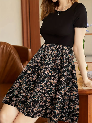 Vibrant Floral Print Crew Neck Dress - Short Sleeve,/MH