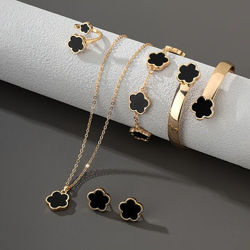 1 Pair Stud Earrings + 1 Pc Necklace + 1 Pc Bracelet + 1 Pc Bangle + 1 Pc Ring - Lucky Flower Design Alloy Jewelry Set for Women -