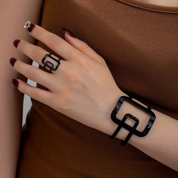 Elegant Accessory, Chic Geometric Open Cuff & Ring Set for Women -