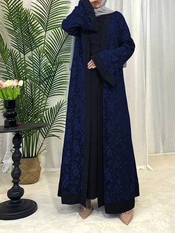 Cultural Grace, Elegant Light Blue Floral Abaya Set - /MH