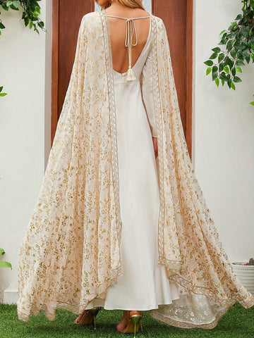 Women'S Floral Pattern Two-Piece Set with Shawl, Elegant Long Sleeve Abaya Dress .MH