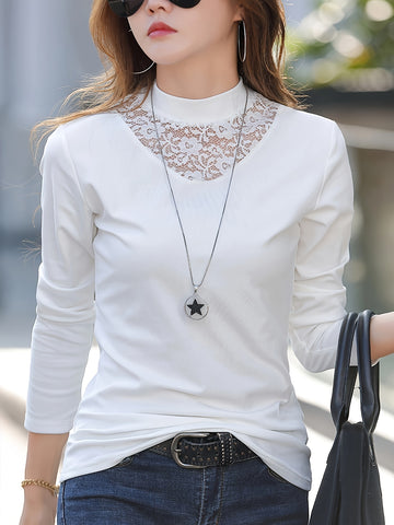 Women's Contrast Lace Trim Round Neck T-Shirt .