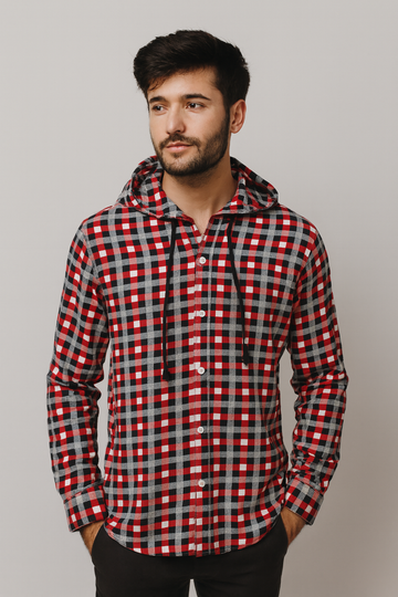 Men’s Red & Black Checkered Hooded Casual Shirt