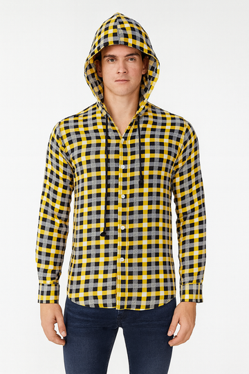 Men's Yellow, Black & White Plaid Hooded Flannel Shirt