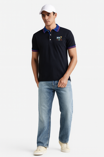 Navy Polo Shirt with Contrast Collar & Logo Detailing'