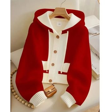 Women Spring Autumn Patchwork Knitted Cardigan Sweater 2025 New Korean Ladies Single Breasted Sweater Hooded Jacket Elegant Coat