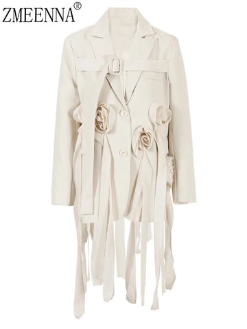 ZMEENNA Beige Flower Irregular Long Blazer Women.
