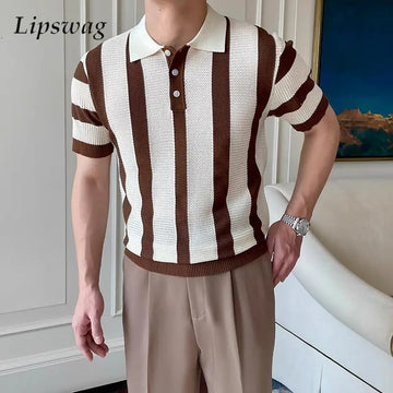 Stylish Mens Slim Short Sleeve Polo Shirts Knitting Striped Contrast Color Polo T Shirt For Men Summer New Casual Buttoned Polos