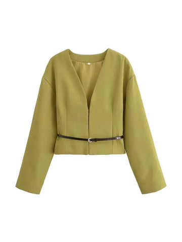TRZA-Women's Fitted Blazer Coat with Belt, V Neck,.