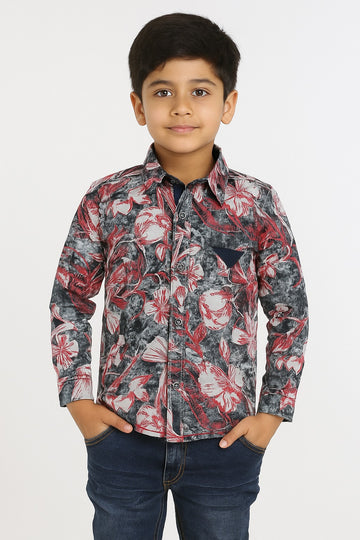 Boys' Charcoal Gray Floral Print Cotton Shirt / MH