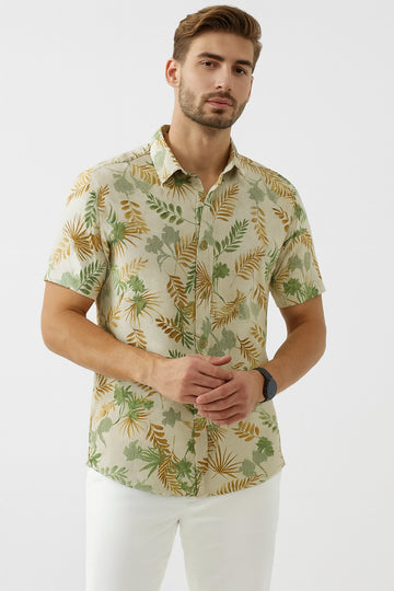 Palm Leaf Print Cotton Shirt for Men / MH