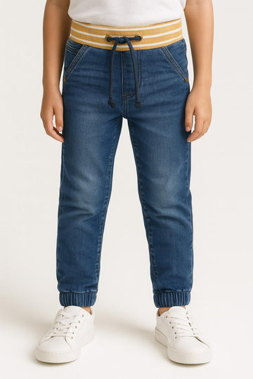 "Boys’ Black Denim Jogger Pants with Yellow-Striped Ribbed Waistband" /MH