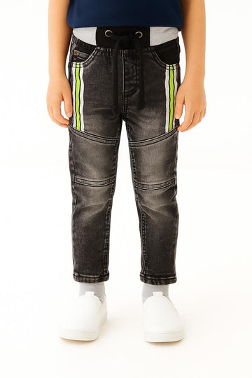 Kid's Denim Joggers with Contrast Waistband and Side Stripe Detail I MH