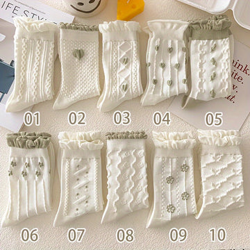 10 Pairs Floral & Heart Textured Ruffle Mid Tube Socks -e, Women's /MH