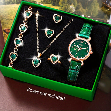 Ladies Watch1pcs Ladies Watch Fashion Casual Peach Heart Dial Quartz Watch and 5pcs Peach Heart Pendant Set Watch for Women, for Spring