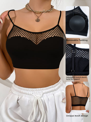 1pc Solid Color Hollow Stretch Mesh Tank Top Bra ./MH