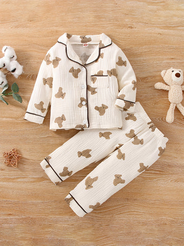 Kid's 2pcs Muslin Pajamas, Long Sleeve Button,