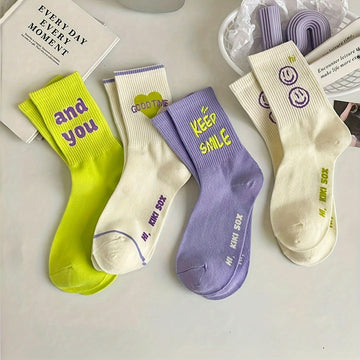 4 Pairs Face & Letter Graphic Socks, Women's Stockings & Hosiery /MH