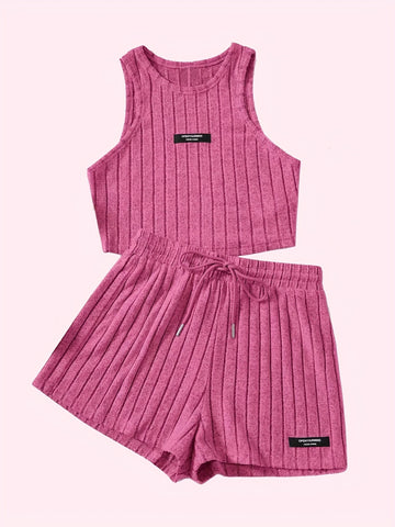 Ribbed Casual Two-piece Set, Crew Neck Sleeveless Tank Top & Drawstring Shorts Outfits, Women's Clothing