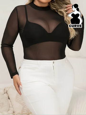 Elegant Plus Size Women's Sheer Mesh Long Sleeve ,/MH