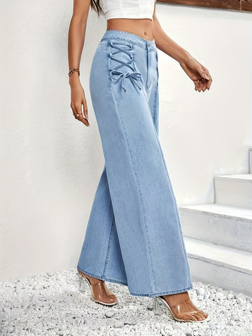Stretch Front Tie Wide-Leg Jeans - A Stylish and Vintage- /MH