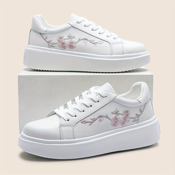 Women's White Low-Top Lace-Up Sneakers with Floral Embroidery,