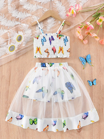 Girls' Two-Piece Set with Spaghetti Strap Butterfly Print .