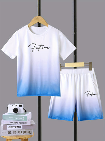 Boy's Color Gradient 2pcs, T-shirt & Shorts Set,