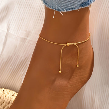 18K Gold Plated Adjustable Slider Anklet, Stainless Steel Snake Chain, Classic Retro & Bohemian Style Foot Jewelry For Women