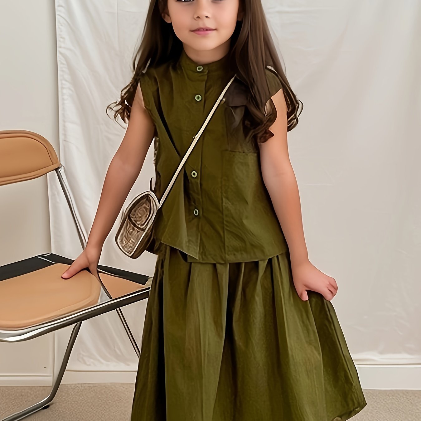 2pcs, Solid Color Sleeveless Front Button Collar Top + Pleated Skirt Set For Girls,