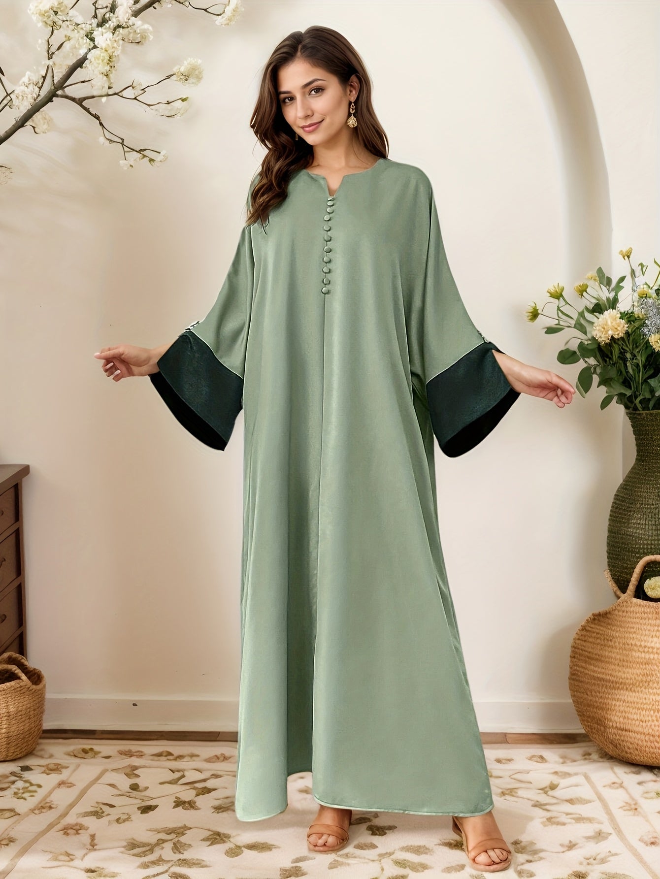 Abaya - Elegant Islamic Dress with V-Neck Button Front, /MH