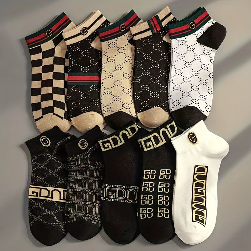 10 Pairs Of Men's French Style Vintage Pattern Crew Socks, /MH