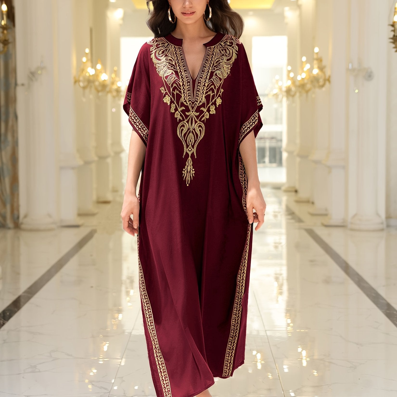 EDOLYNSA Plus Size Embroidered V-Neck Kaftan Dress, /MH