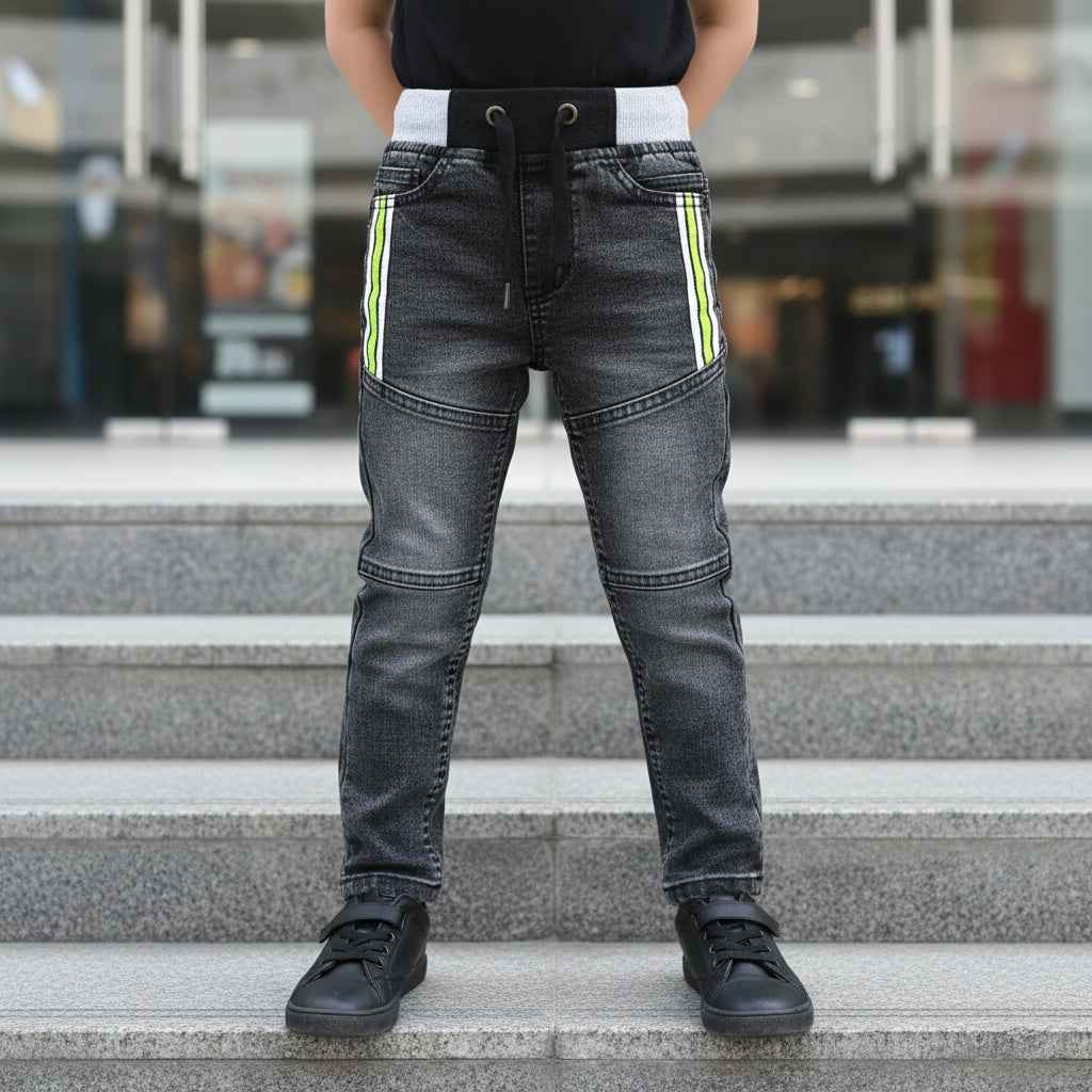 Boys Grey Denim Jogger Pants Ages 7 to 12 - Comfortable Everyday Denim Trousers with Neon Detail | MH