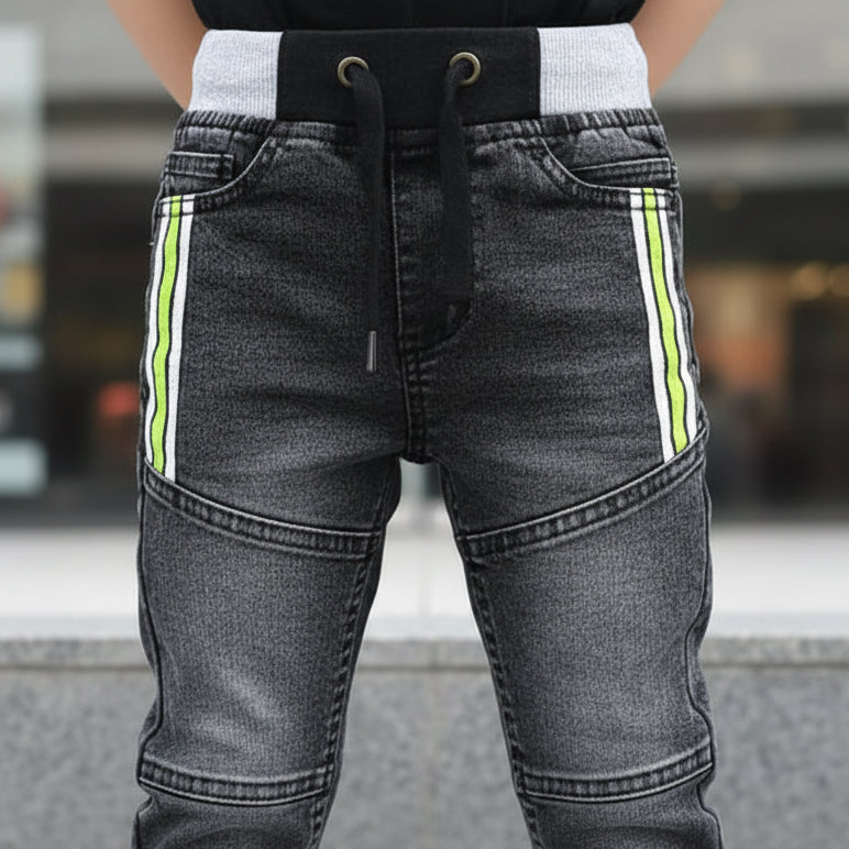 Boys Grey Denim Jogger Pants Ages 7 to 12 - Comfortable Everyday Denim Trousers with Neon Detail | MH