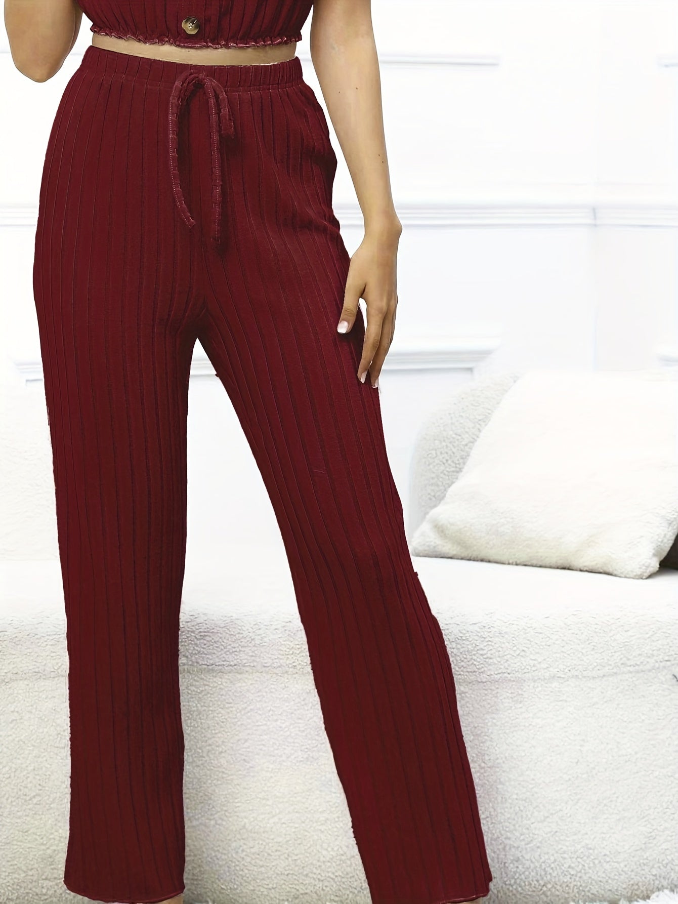 Solid Ribbed Lounge Set, Ruffle Cami Top & Elastic Waistband Pants,